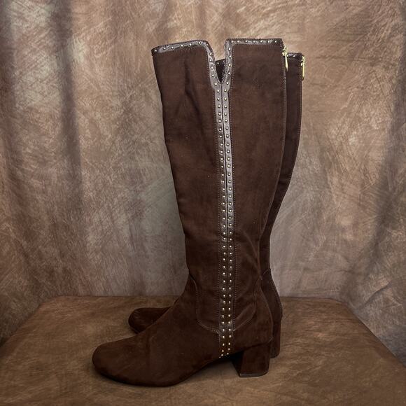 Adrinnne Vittadini Studded Riding Boots Brown Faux Suede Chunky Heel Women's 8 - Picture 2 of 10